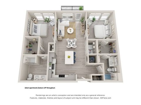 Floor plan for 2 beds, 2 baths, 1137 sqft