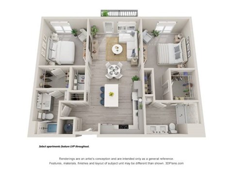 Floor plan for 2 beds, 2 baths, 1167 sqft
