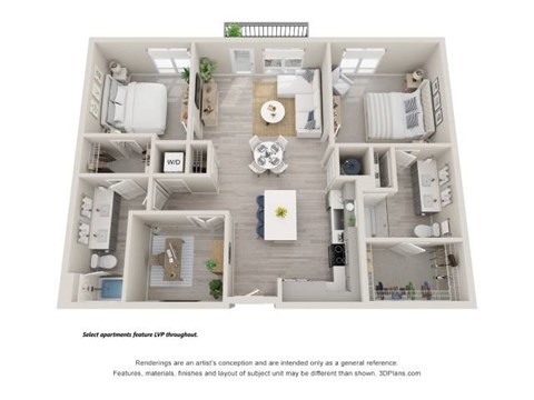 Floor plan for 2 beds, 2 baths, 1222 sqft