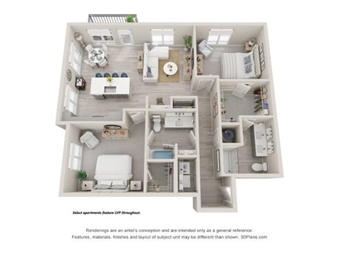 Floor plan for 2 beds, 2 baths, 1275 sqft