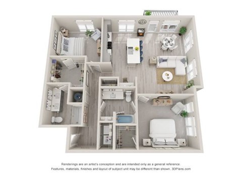 Floor plan for 2 beds, 2 baths, 1345 sqft