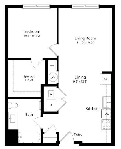 Floor plan for 1 bed, 1 bath, 749 sqft