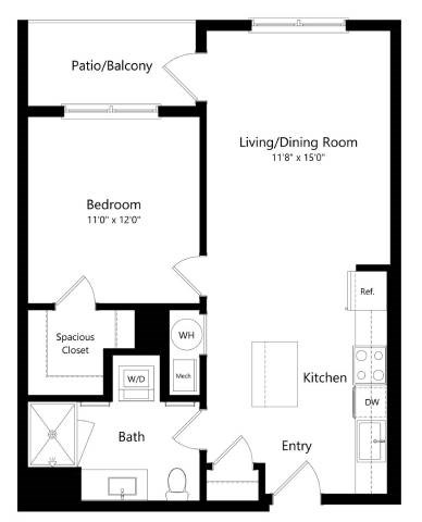 Floor plan for 1 bed, 1 bath, 688 sqft