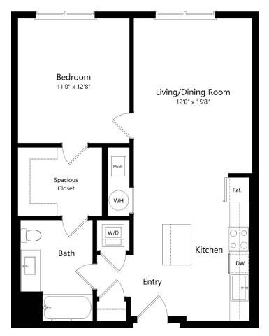 Floor plan for 1 bed, 1 bath, 749 sqft
