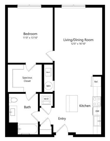 Floor plan for 1 bed, 1 bath, 797 sqft