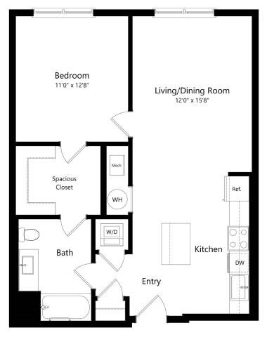 Floor plan for 1 bed, 1 bath, 774 sqft