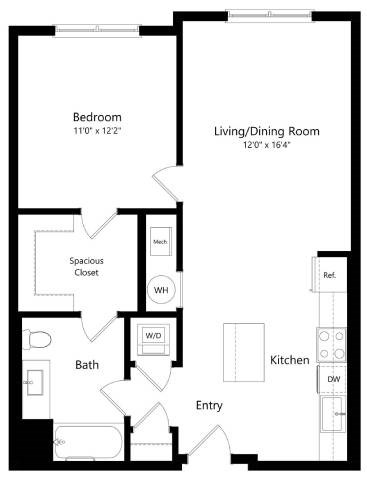 Floor plan for 1 bed, 1 bath, 737 sqft