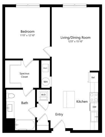 Floor plan for 1 bed, 1 bath, 762 sqft