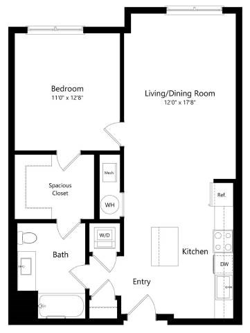 Floor plan for 1 bed, 1 bath, 772 sqft