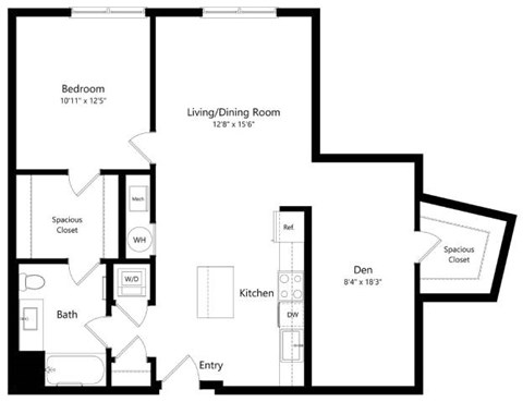 Floor plan for 1 bed, 1 bath, 981 sqft