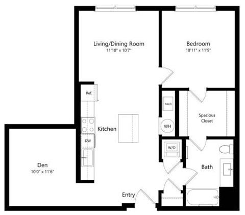 Floor plan for 1 bed, 1 bath, 858 sqft