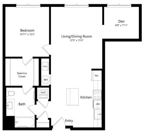 Floor plan for 1 bed, 1 bath, 864 sqft