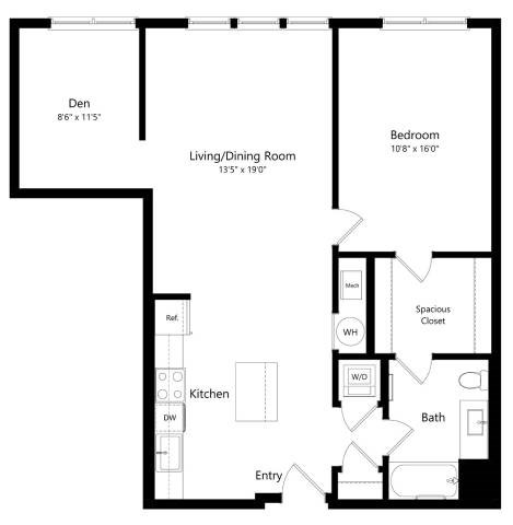 Floor plan for 1 bed, 1 bath, 1015 sqft