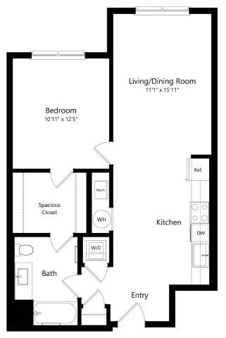 Floor plan for 1 bed, 1 bath, 761 sqft