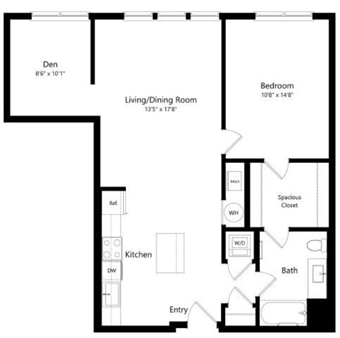 Floor plan for 1 bed, 1 bath, 972 sqft