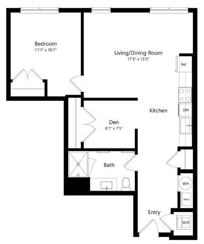 Floor plan for 1 bed, 1 bath, 796 sqft