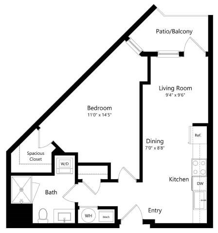 Floor plan for 1 bed, 1 bath, 666 sqft