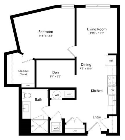 Floor plan for 1 bed, 1 bath, 774 sqft