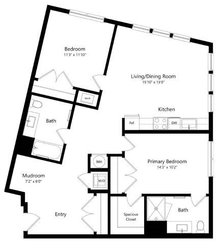 Floor plan for 2 beds, 2 baths, 1136 sqft
