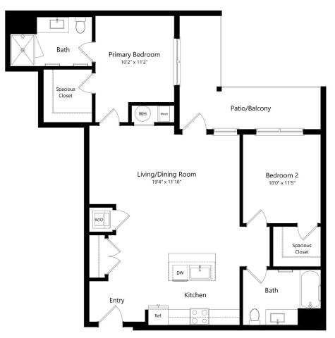 Floor plan for 2 beds, 2 baths, 1188 sqft