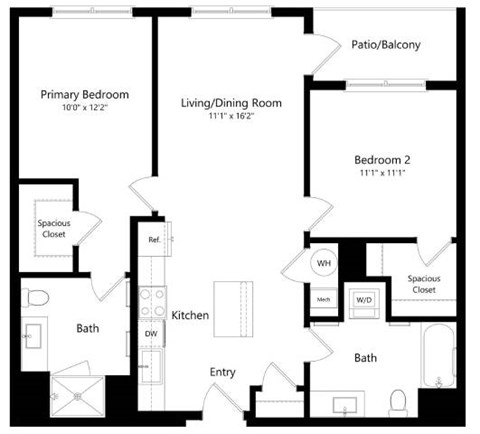 Floor plan for 2 beds, 2 baths, 990 sqft