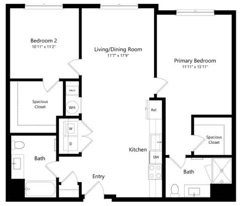 Floor plan for 2 beds, 2 baths, 1112 sqft