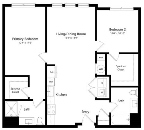 Floor plan for 2 beds, 2 baths, 1149 sqft