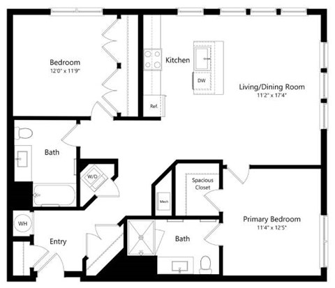 Floor plan for 2 beds, 2 baths, 1134 sqft