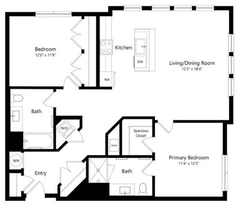 Floor plan for 2 beds, 2 baths, 1173 sqft