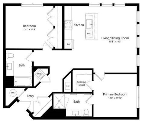 Floor plan for 2 beds, 2 baths, 1186 sqft