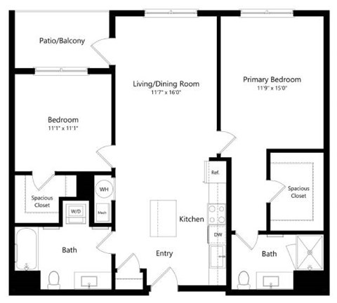Floor plan for 2 beds, 2 baths, 1086 sqft