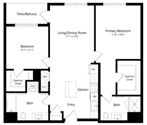 Floor plan for 2 beds, 2 baths, 1063 sqft