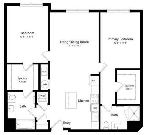 Floor plan for 2 beds, 2 baths, 1149 sqft
