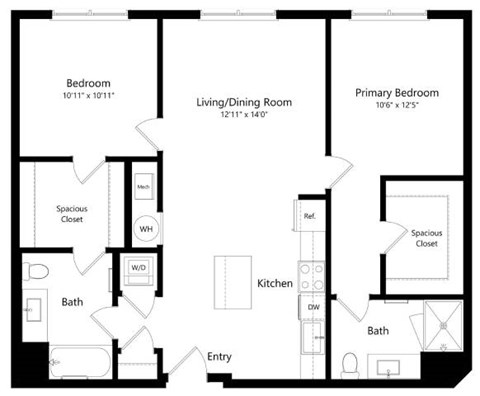 Floor plan for 2 beds, 2 baths, 1069 sqft