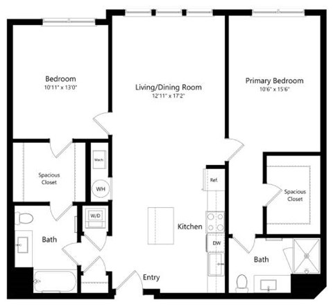 Floor plan for 2 beds, 2 baths, 1149 sqft