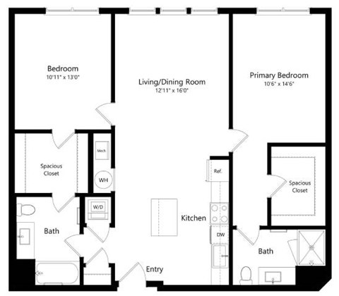 Floor plan for 2 beds, 2 baths, 1124 sqft