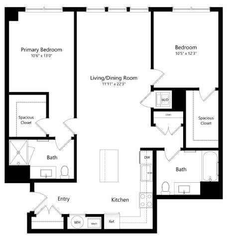 Floor plan for 2 beds, 2 baths, 1162 sqft