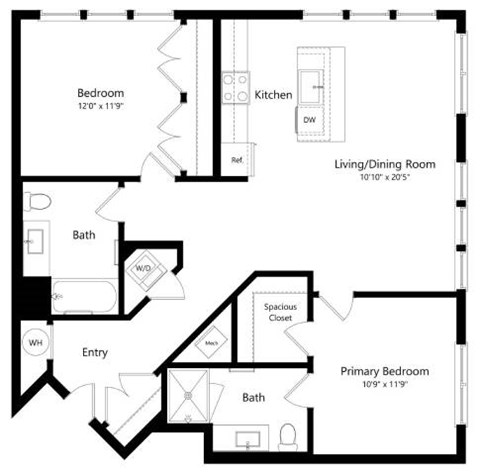 Floor plan for 2 beds, 2 baths, 1104 sqft