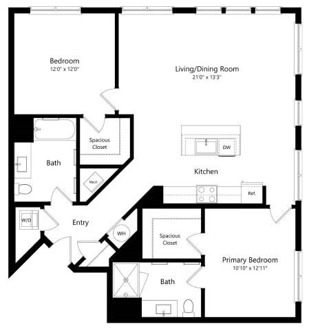 Floor plan for 2 beds, 2 baths, 1190 sqft