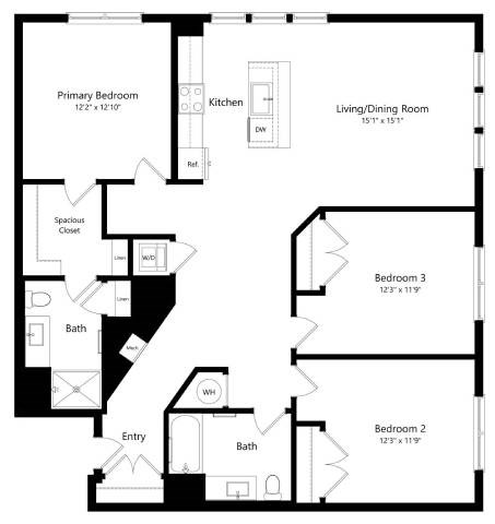 Floor plan for 3 beds, 2 baths, 1488 sqft