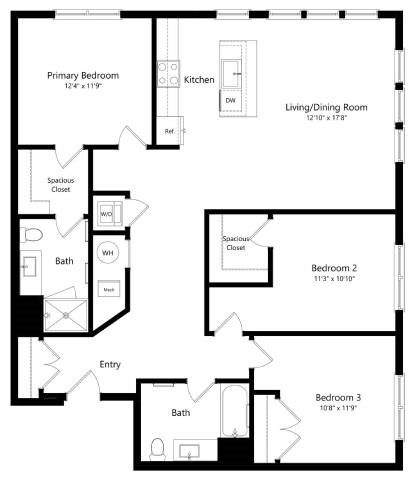 Floor plan for 3 beds, 2 baths, 1447 sqft
