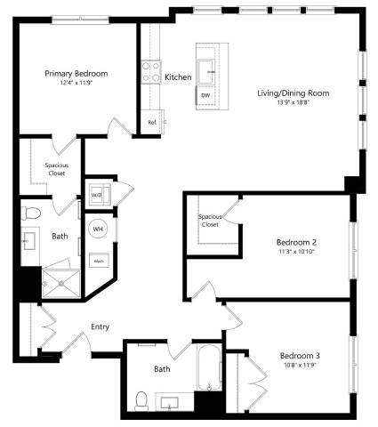 Floor plan for 3 beds, 2 baths, 1477 sqft