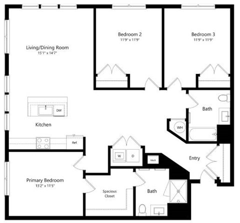 Floor plan for 3 beds, 2 baths, 1491 sqft