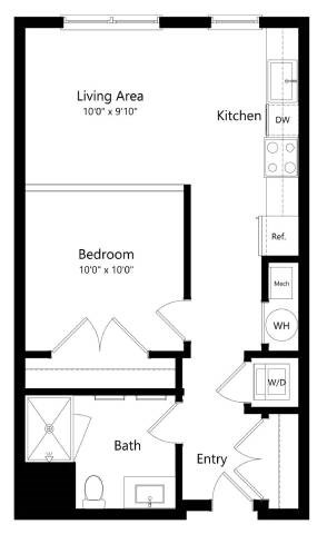 Floor plan for 1 bed, 1 bath, 561 sqft