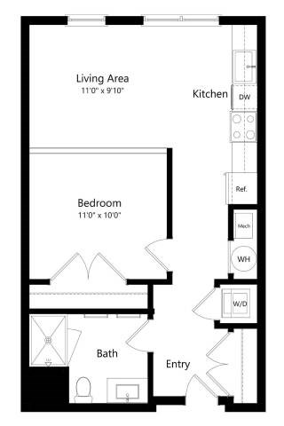 Floor plan for 1 bed, 1 bath, 592 sqft