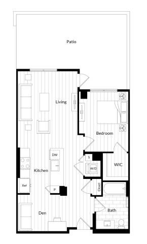 Floor plan for 1 bed, 1 bath, 846 sqft