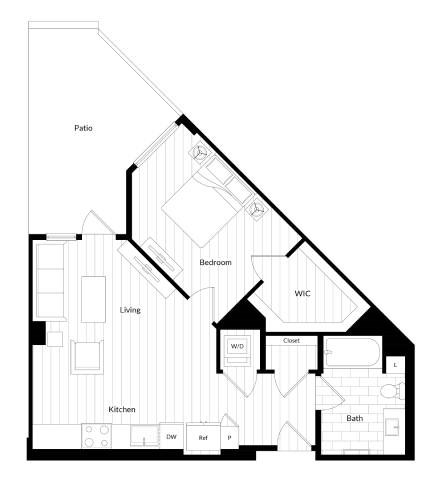 Floor plan for 1 bed, 1 bath, 740 sqft
