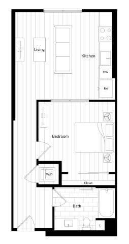 Floor plan for 1 bed, 1 bath, 698 sqft