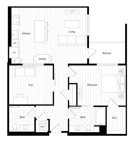 Floor plan for 1 bed, 1 bath, 1042 sqft
