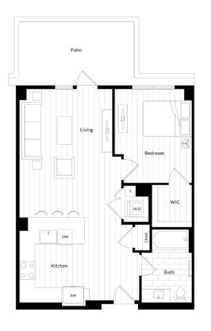Floor plan for 1 bed, 1 bath, 846 sqft